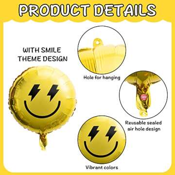 Wood Homing 8PCS 18 Inch Smile Party Checkered Helium Balloons, Yellow Smile Face Prppy Theme Birthday Party Decorations, Yellow Lightning Balloons for Wedding Decor Event Supplies