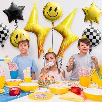 Wood Homing 8PCS 18 Inch Smile Party Checkered Helium Balloons, Yellow Smile Face Prppy Theme Birthday Party Decorations, Yellow Lightning Balloons for Wedding Decor Event Supplies