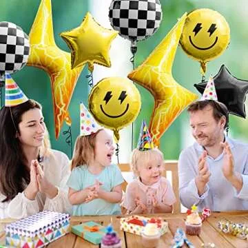 Wood Homing 8PCS 18 Inch Smile Party Checkered Helium Balloons, Yellow Smile Face Prppy Theme Birthday Party Decorations, Yellow Lightning Balloons for Wedding Decor Event Supplies