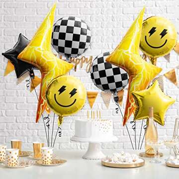 Wood Homing 8PCS 18 Inch Smile Party Checkered Helium Balloons, Yellow Smile Face Prppy Theme Birthday Party Decorations, Yellow Lightning Balloons for Wedding Decor Event Supplies
