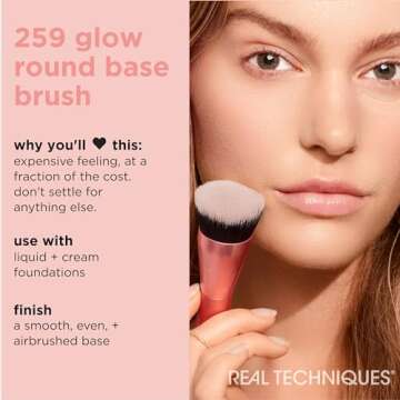 Real Techniques Glow Round Base Makeup Brush, For Liquid & Cream Makeup, Flat Top Foundation Brush For Buffing & Blending Up Coverage, Dense, Synthetic Bristles, Vegan & Cruelty Free, 1 Count