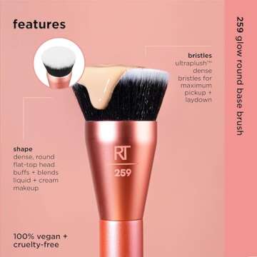 Real Techniques Glow Round Base Makeup Brush, For Liquid & Cream Makeup, Flat Top Foundation Brush For Buffing & Blending Up Coverage, Dense, Synthetic Bristles, Vegan & Cruelty Free, 1 Count