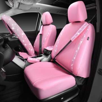 CAR PASS 24 PCS Pink Bling Diamond Car Accessories Set for Women, Leather Car Seat Covers Steering W...