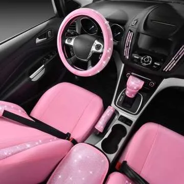 CAR PASS 24 PCS Pink Bling Diamond Car Accessories Set for Women, Leather Car Seat Covers Steering Wheel Covers 15'', Shining Rhinestone Sparkly Car Hooks Coasters, Cute Interior Decorations, Pink