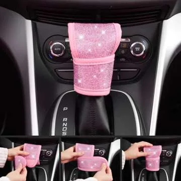 CAR PASS 24 PCS Pink Bling Diamond Car Accessories Set for Women, Leather Car Seat Covers Steering Wheel Covers 15'', Shining Rhinestone Sparkly Car Hooks Coasters, Cute Interior Decorations, Pink