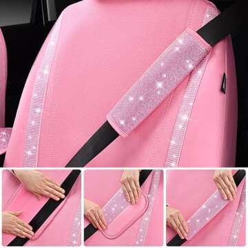 CAR PASS 24 PCS Pink Bling Diamond Car Accessories Set for Women, Leather Car Seat Covers Steering Wheel Covers 15'', Shining Rhinestone Sparkly Car Hooks Coasters, Cute Interior Decorations, Pink
