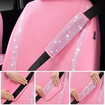 CAR PASS 24 PCS Pink Bling Diamond Car Accessories Set for Women, Leather Car Seat Covers Steering Wheel Covers 15'', Shining Rhinestone Sparkly Car Hooks Coasters, Cute Interior Decorations, Pink
