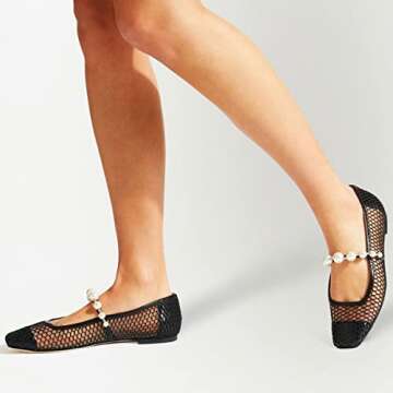 FOWT Women Square Toe Slip on Flats with Pearl Strap for Weddings