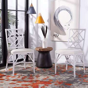 SAFAVIEH Home Bhumi Coastal White Rattan Accent Chair with Cushion (Set of 2)