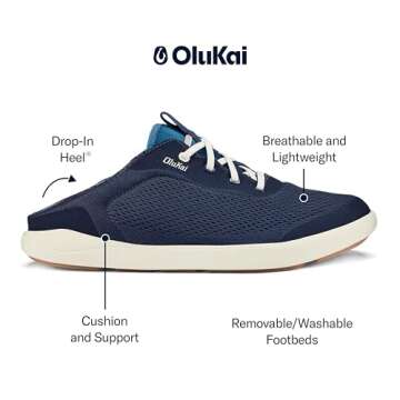 OLUKAI Moku Pae Men's Boat Shoes, No Tie Laces & Stretch Construction, Lightweight & Breathable Mesh, Comfort Fit & Wet Grip Rubber Soles, Trench Blue/Off White, 12