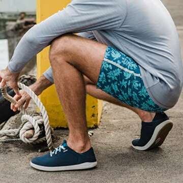 OLUKAI Moku Pae Men's Boat Shoes, No Tie Laces & Stretch Construction, Lightweight & Breathable Mesh, Comfort Fit & Wet Grip Rubber Soles, Trench Blue/Off White, 12