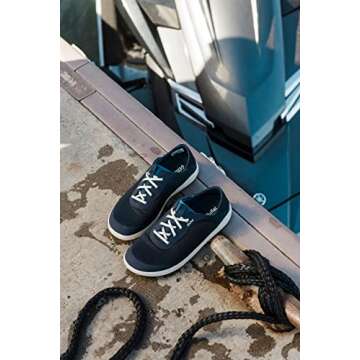 OLUKAI Moku Pae Men's Boat Shoes, No Tie Laces & Stretch Construction, Lightweight & Breathable Mesh, Comfort Fit & Wet Grip Rubber Soles, Trench Blue/Off White, 12