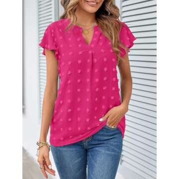 MEROKEETY Women V Neck Flowy Short Sleeve Swiss Dot Blouse Business Casual Loose Shirt Top HotPink Large