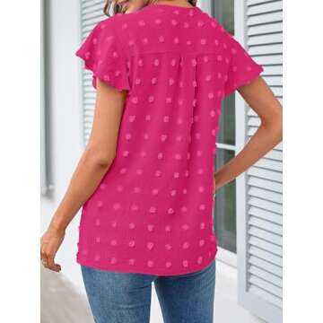 MEROKEETY Women V Neck Flowy Short Sleeve Swiss Dot Blouse Business Casual Loose Shirt Top HotPink Large