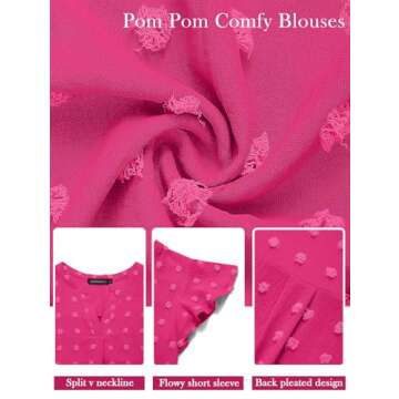 MEROKEETY Women V Neck Flowy Short Sleeve Swiss Dot Blouse Business Casual Loose Shirt Top HotPink Large