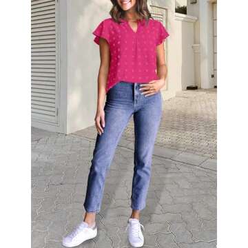 MEROKEETY Women V Neck Flowy Short Sleeve Swiss Dot Blouse Business Casual Loose Shirt Top HotPink Large