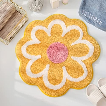 Cute Flower Bath Mat, Soft Microfiber Non-Slip Rug for Bathroom & Kitchen, 25.6" Yellow