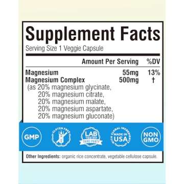 Terranics 5-in-1 Magnesium Complex Supplement 500mg - 5 Forms High Absorption Magnesium Glycinate Ci...
