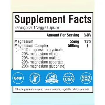 Terranics 5-in-1 Magnesium Complex Supplement 500mg - 5 Forms High Absorption Magnesium Glycinate Ci...