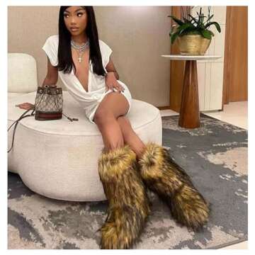 IXU Women's Faux Fur Boot Furry Fluffy Round Toe Suede Winter Comfy Plush Warm Short Outdoor Indoor ...