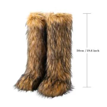IXU Women's Faux Fur Boot Furry Fluffy Round Toe Suede Winter Comfy Plush Warm Short Outdoor Indoor Flat Shoes Knee-High Boots