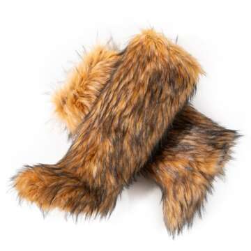 IXU Women's Faux Fur Boot Furry Fluffy Round Toe Suede Winter Comfy Plush Warm Short Outdoor Indoor Flat Shoes Knee-High Boots