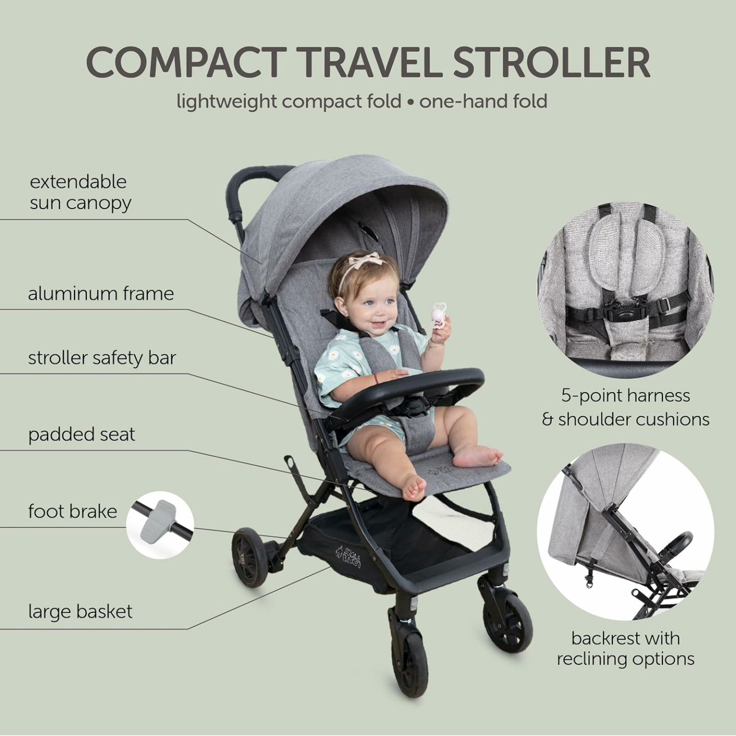 Compact Baby Travel Stroller with Canopy & Easy Fold