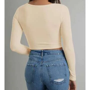 Artfish Women's Long Sleeve Scoop Neck V Notch Ribbed Slim Fitted Casual Basic Crop Top (Beige Khaki...