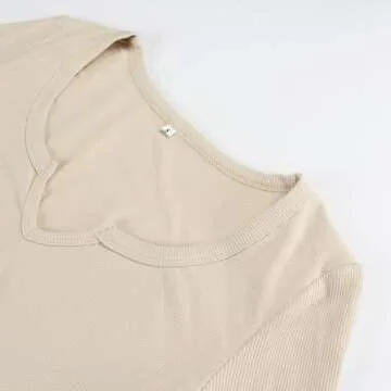 Artfish Women's Long Sleeve Scoop Neck V Notch Ribbed Slim Fitted Casual Basic Crop Top (Beige Khaki, S)