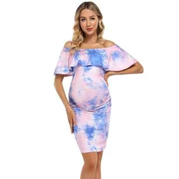 Maternity Outfits Women's Maternity Dress Off Shoulder Casual Maxi Dress Rainbow Maternity Dress (XL,Pink&Blue01)