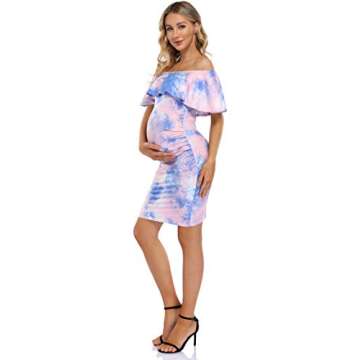 Maternity Outfits Women's Maternity Dress Off Shoulder Casual Maxi Dress Rainbow Maternity Dress (XL,Pink&Blue01)