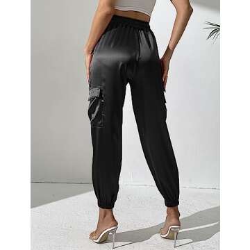 Women's Satin Cargo Joggers Pants Dressy Casual Silky Elastic High Waist Trousers Black