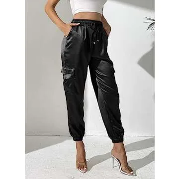 Women's Satin Cargo Joggers Pants Dressy Casual Silky Elastic High Waist Trousers Black