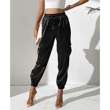 Women's Satin Cargo Joggers Pants Dressy Casual Silky Elastic High Waist Trousers Black