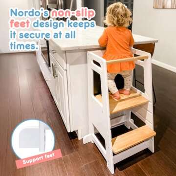 Toddler Kitchen Stools Helper with Adjustable Height and Anti-Slip Protection, Kids Standing Tower with Safety Rail, Kids Montessori Step Stool with Learning Chalkboard, White