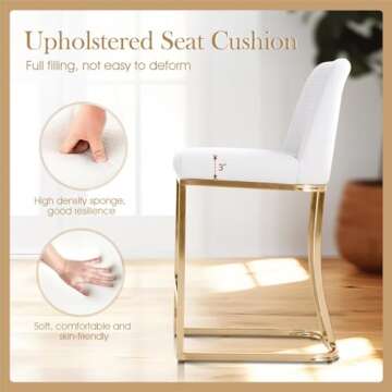 Sophia & William Bar Stools Set of 3, Counter Height Bar Stools for Kitchen Island,Creamy White & Gold Bar Stools with Back, 24 Inch