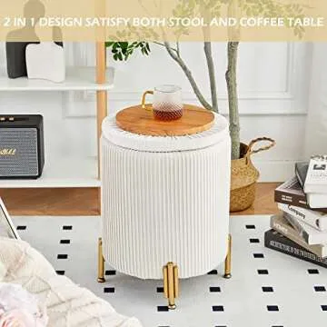 Mxfurhawa Round Ottoman Foot Stool with Storage and Metal Legs for Living Room Bedroom, Velvet Upholstered Footrest Stool Support 300lbs Modern Padded Seat Ottoman Coffee Table (Cream)