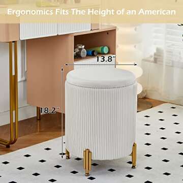 Mxfurhawa Round Ottoman Foot Stool with Storage and Metal Legs for Living Room Bedroom, Velvet Upholstered Footrest Stool Support 300lbs Modern Padded Seat Ottoman Coffee Table (Cream)