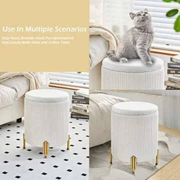 Mxfurhawa Round Ottoman Foot Stool with Storage and Metal Legs for Living Room Bedroom, Velvet Upholstered Footrest Stool Support 300lbs Modern Padded Seat Ottoman Coffee Table (Cream)