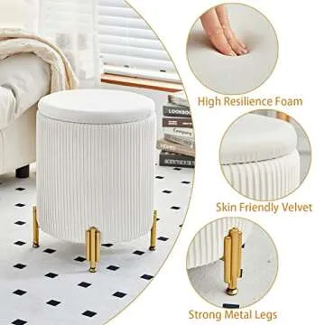 Mxfurhawa Round Ottoman Foot Stool with Storage and Metal Legs for Living Room Bedroom, Velvet Upholstered Footrest Stool Support 300lbs Modern Padded Seat Ottoman Coffee Table (Cream)