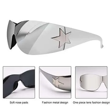 Rimless Y2K Sunglasses for Women Men,Trendy Shield Wrap Around Sunglasses Oversized Fashion Black Frameless Sun Glasses