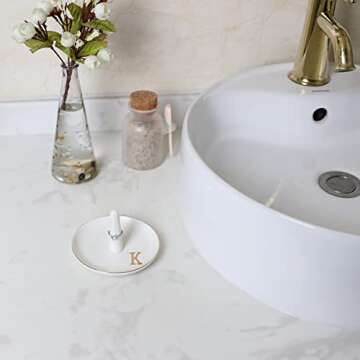 HOME SMILE Initials Ring Holder Jewery Tray with personalized K-Monogrammed Engagement Gifts for Friends,Birthday Mother's Day Christmas Gifts for Women,Ceramic White