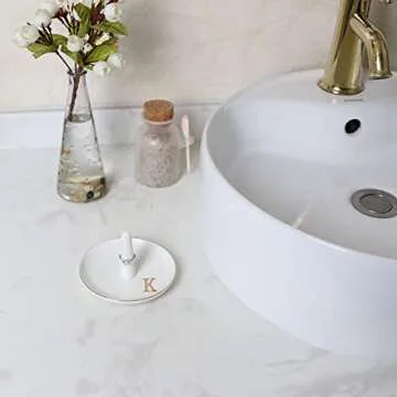 HOME SMILE Initials Ring Holder Jewery Tray with personalized K-Monogrammed Engagement Gifts for Friends,Birthday Mother's Day Christmas Gifts for Women,Ceramic White