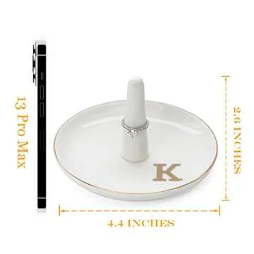 HOME SMILE Initials Ring Holder Jewery Tray with personalized K-Monogrammed Engagement Gifts for Friends,Birthday Mother's Day Christmas Gifts for Women,Ceramic White