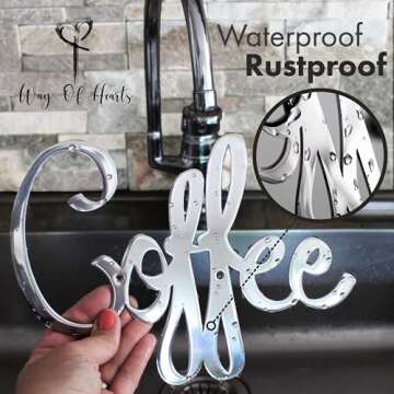 Silver Metal Coffee Sign, 9.45 x 6.9" - Polished Stainless Steel for Elegant Kitchen Wall Decor and ...