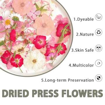 50Pcs Dried Pressed Flowers Real Pressed Flowers Natural Dry Leaves Bulk Mixed Colorful Herbs Kit with Tweezers for Scrapbooking DIY Candle Jewelry Crafts Making Nails (Pink)