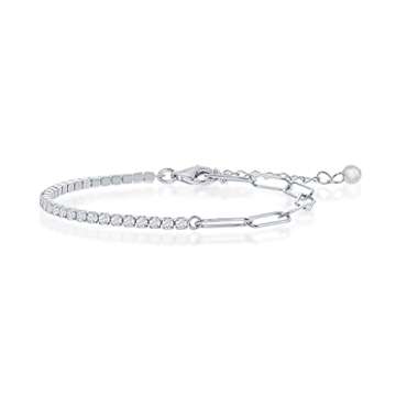 Beaux Bijoux 2mm Half Tennis and 3.5mm Paperclip Link Chain Design 6.5+1” Bracelet Sterling Silver...