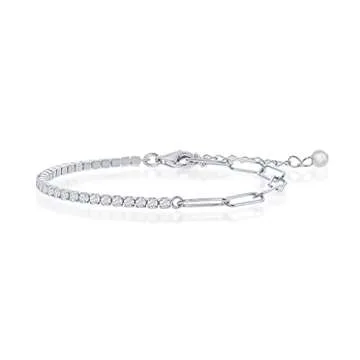 Beaux Bijoux 2mm Half Tennis and 3.5mm Paperclip Link Chain Design 6.5+1” Bracelet Sterling Silver...