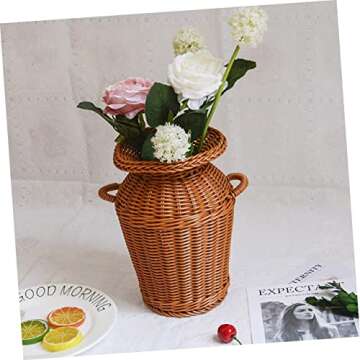 LABRIMP 1pc Creative Handwoven Rattan Flower Basket for Flower Arrangements (Light Brown) - Rustic Decorative Wicker Basket for Home Decor, Weddings, and Special Events Imitation Rattan Vase Brown