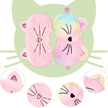 Geyoga 6 Pcs Plush Sleep Eye Mask - Bunny, Unicorn, Cat & Cute Animal Designs - Soft Blindfold Sleeping Eye Shade for Adult Travel, 6 Styles Rainbow Color
